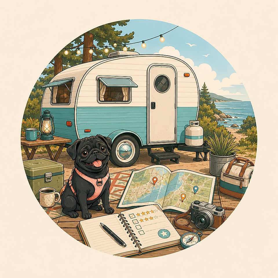 Illustrated camping scene with a trailer, pug, map, and travel gear by the seaside.