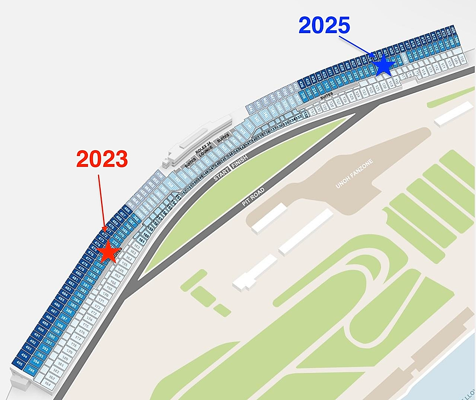 Track map showing seat sections and labeled markers for 2023 and 2025