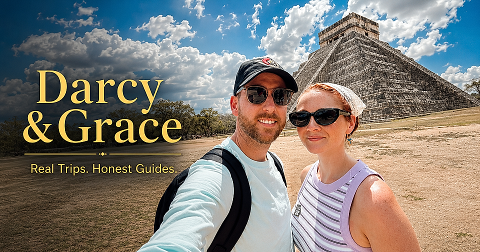 Travel blog banner with couple selfie in front of a Mayan pyramid and the text 'Darcy & Grace'
