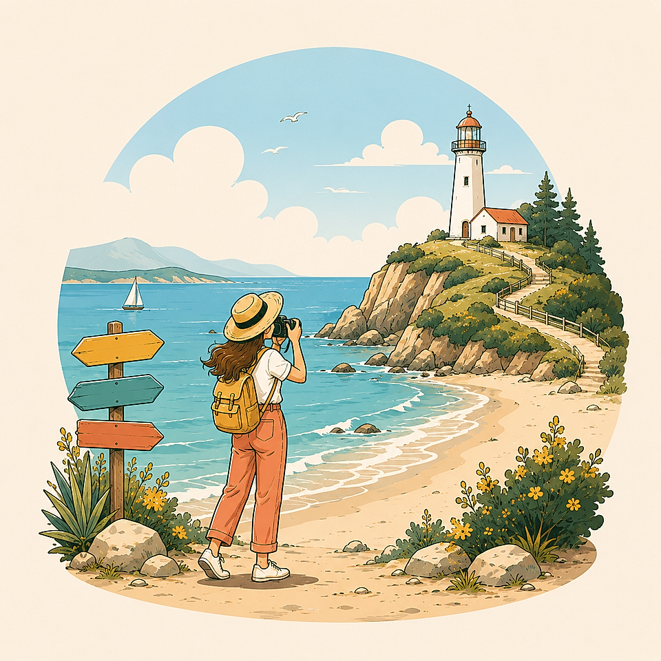 Illustration of a woman photographing a lighthouse on a seaside cliff with beach, sailboat, and signpost.
