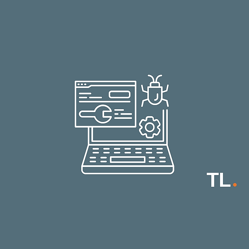 Laptop interface icon with bug and gear symbols on a plain background