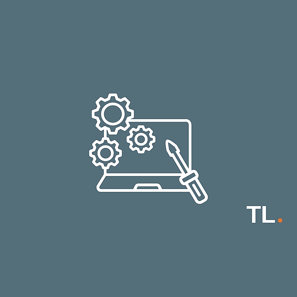 Laptop settings icon with gears and a screwdriver on a plain background