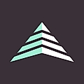 Minimal geometric logo of stacked mint and white triangular layers on a dark background