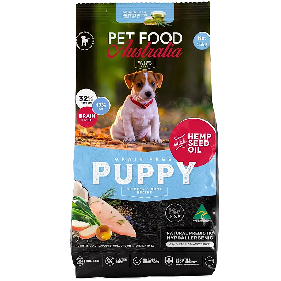 Pet Food Australia grain-free puppy food bag with a puppy image and product labels