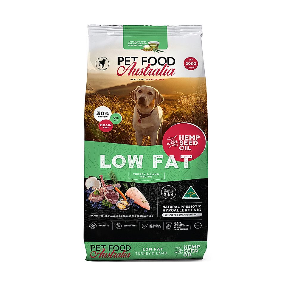 Pet Food Australia low-fat turkey and lamb dog food bag with dog image and product labels