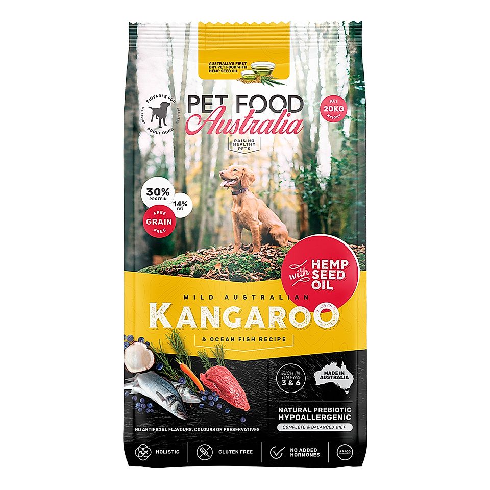 Pet Food Australia kangaroo and ocean fish dog food bag with forest image and nutrition labels