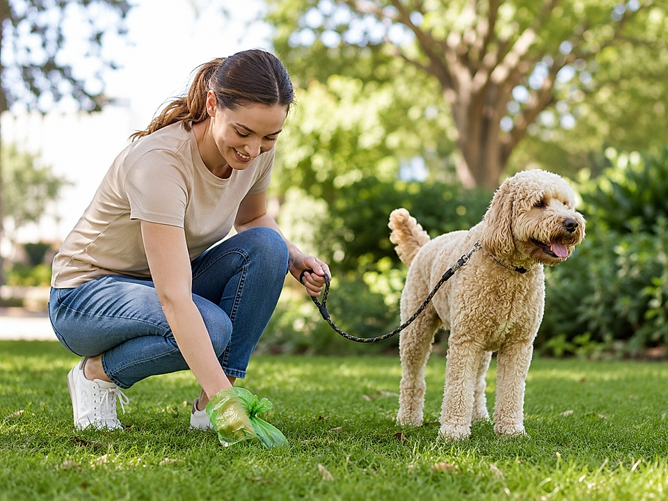 Woman picking up dog waste in a park while holding a leashed dog