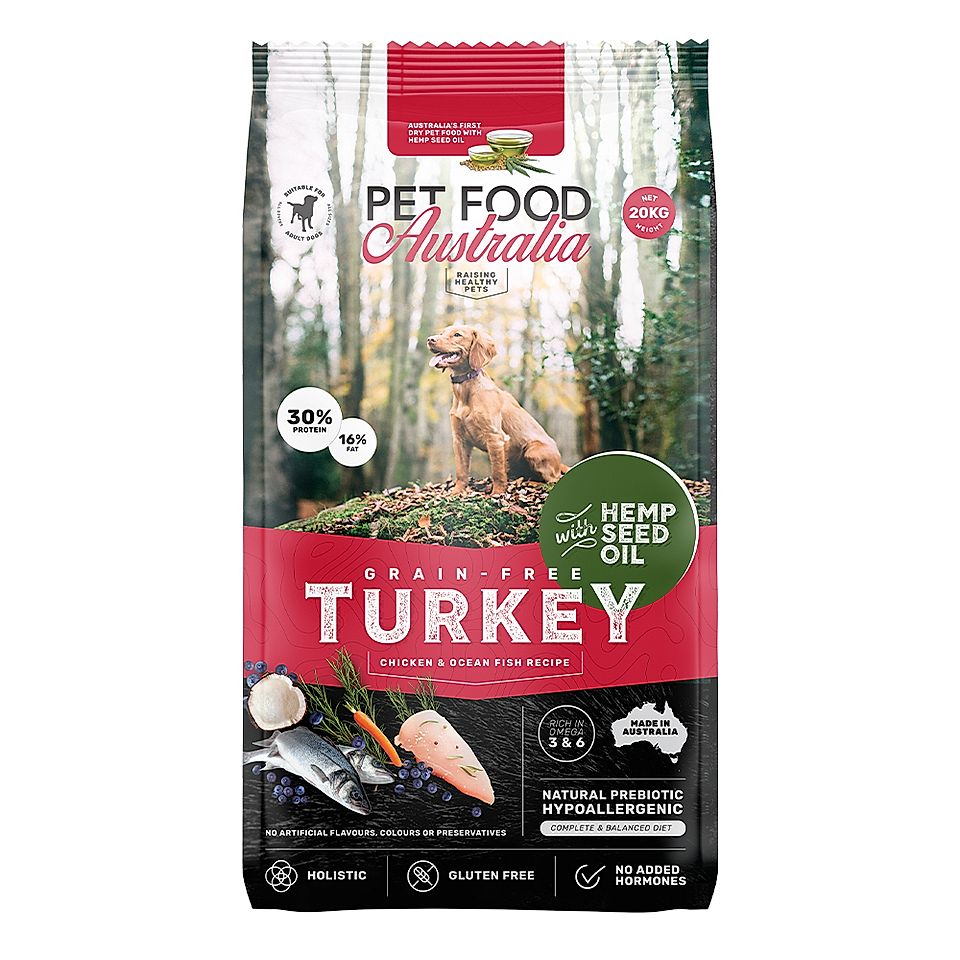 Pet food bag packaging for grain-free turkey recipe with dog image and nutrition labels