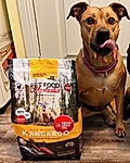 Dog sitting beside a bag of Pet Food Australia kangaroo dog food on a kitchen floor