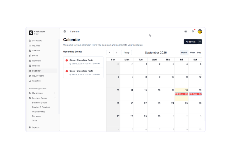 Calendar dashboard with sidebar navigation and monthly schedule view