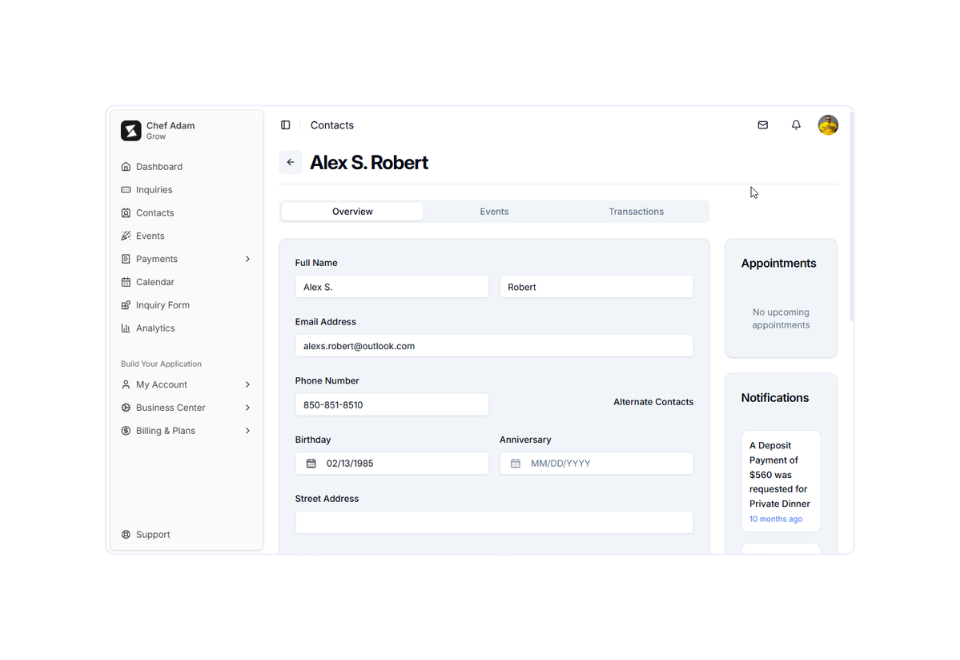 Contact details dashboard with sidebar navigation and appointment/notification panels
