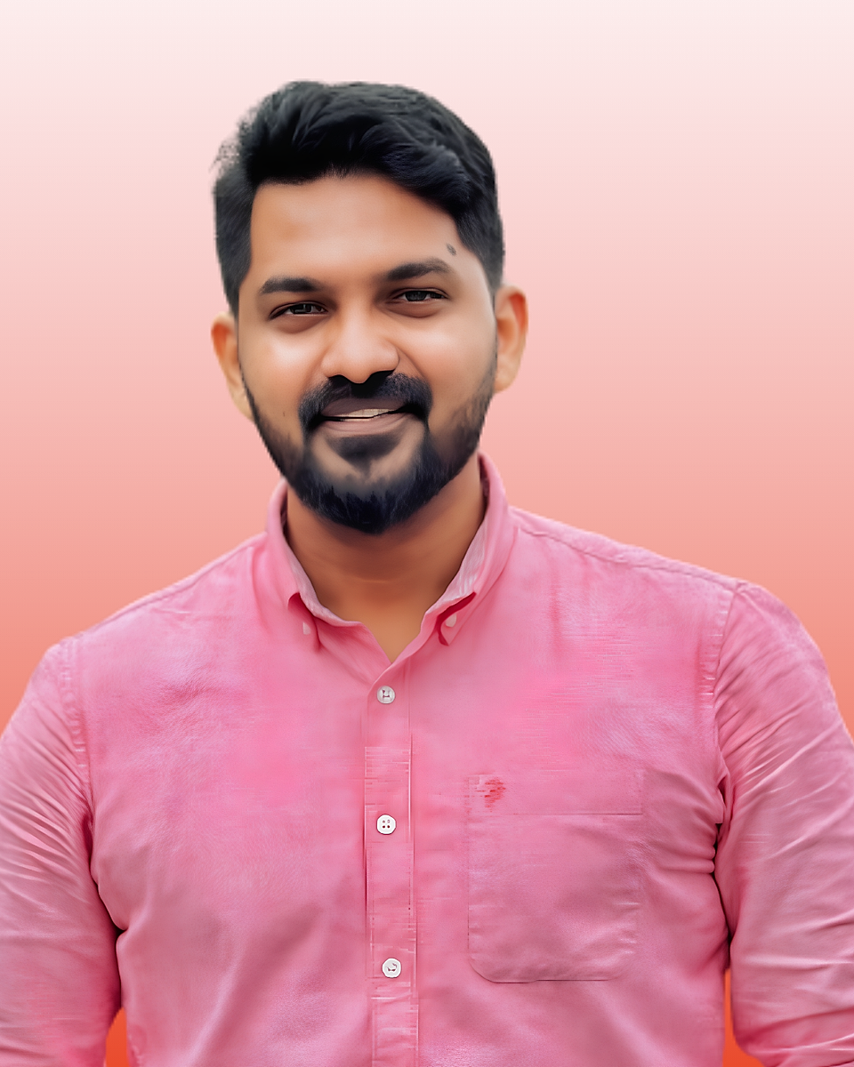 Portrait of a man in a pink shirt against a pink gradient background