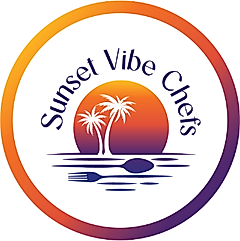 Circular logo with sunset, palm trees, and the text “Sunset Vibe Chefs”