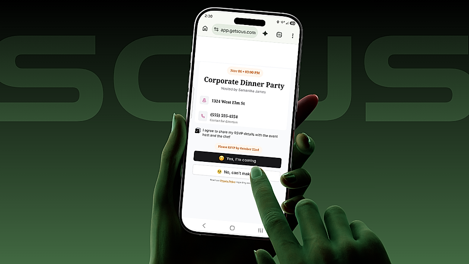 Smartphone screen showing a corporate dinner party RSVP form with event details and response buttons.