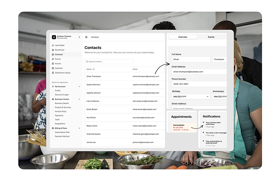 Contacts management dashboard with sidebar navigation, contact list, and detail form panels