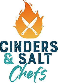 Logo with a flame and crossed knives above the text “Cinders & Salt Chefs”