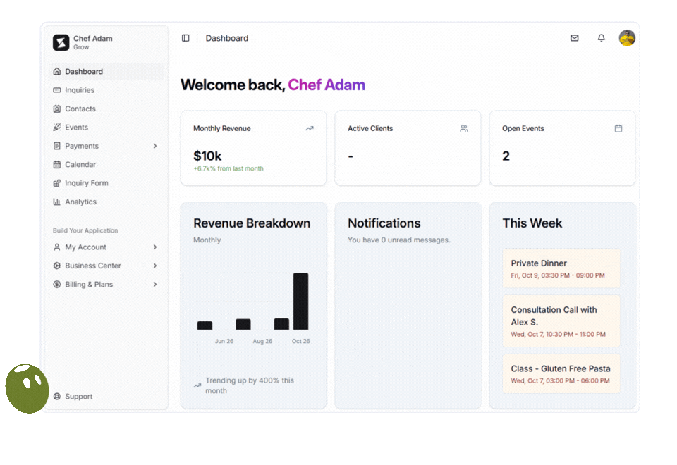 Business dashboard with revenue stats, revenue breakdown chart, notifications, and weekly event list