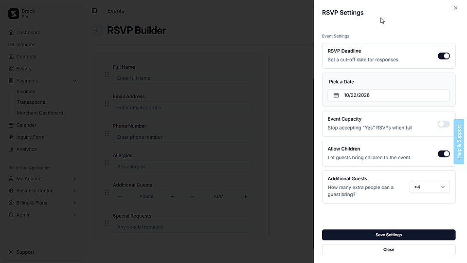 RSVP settings panel with deadline, date, capacity, children, and guest options