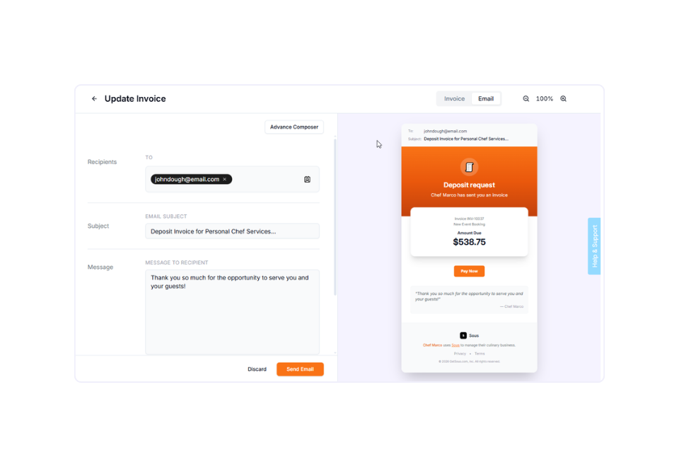 Invoice email editor with subject and message fields, plus a mobile preview of a deposit request.