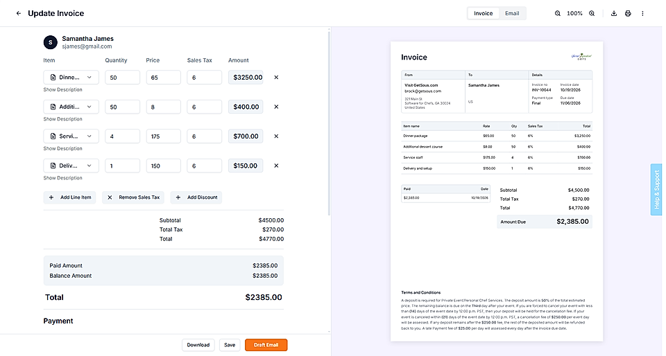 Invoice editing dashboard with line items, totals, and a live invoice preview