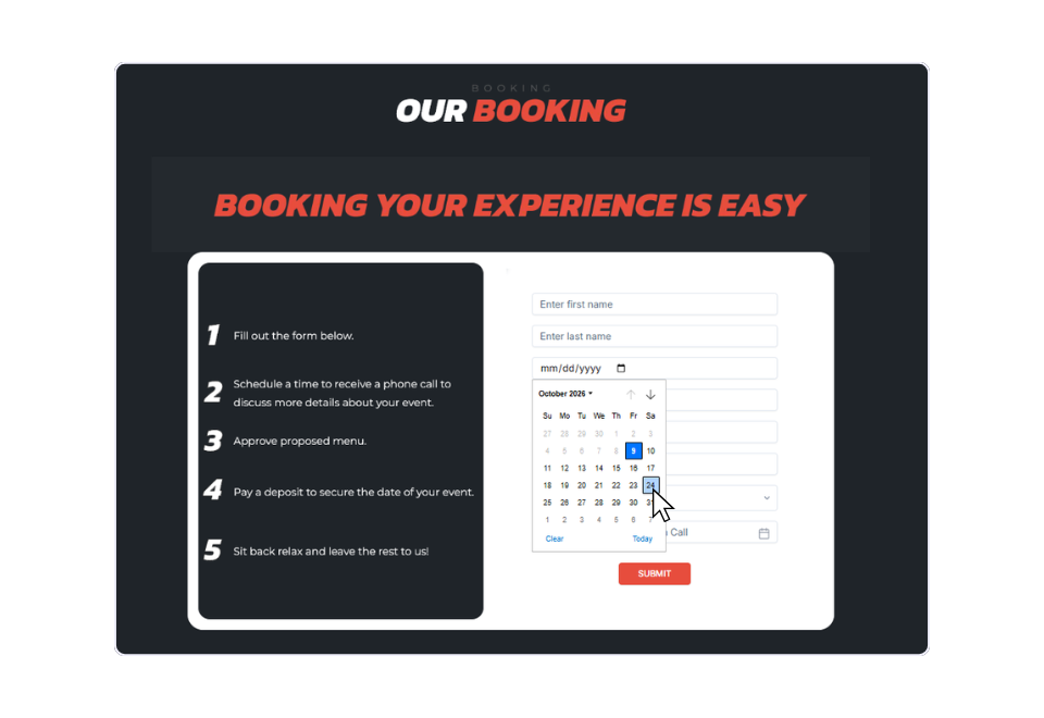 Booking form interface with date picker and submit button