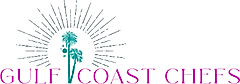 Gulf Coast Chefs logo with palm trees and radiating lines on a white background