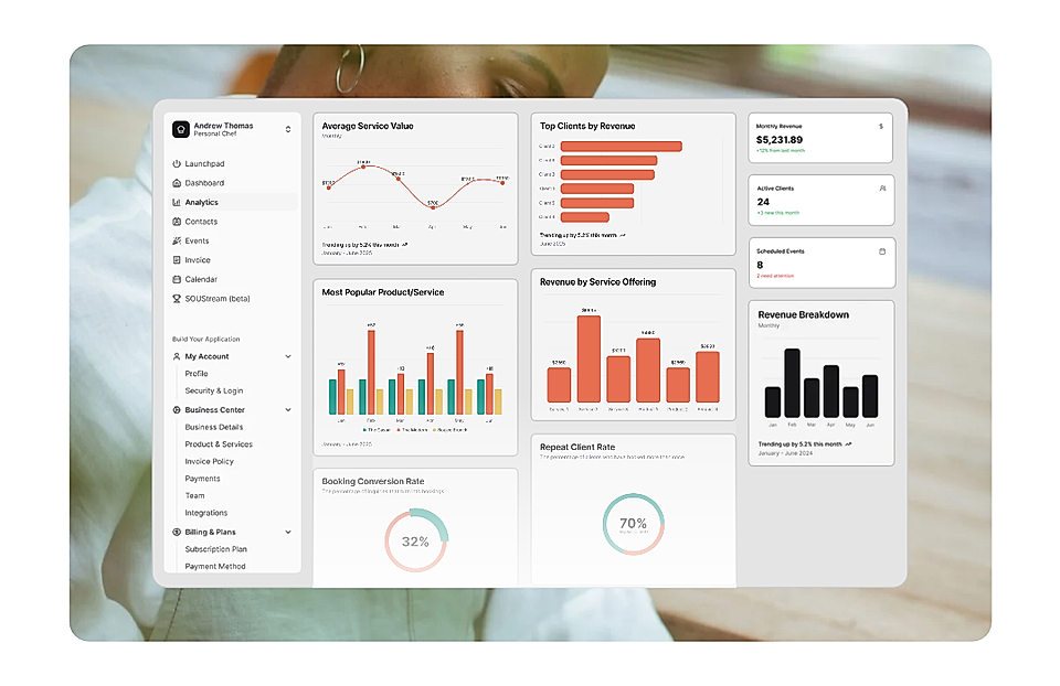 Business analytics dashboard with sidebar navigation, charts, and revenue summary cards