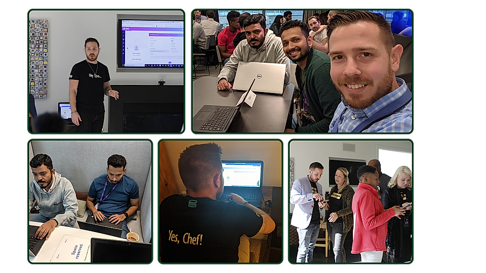 Collage of people collaborating on laptops and attending a presentation in a meeting room.