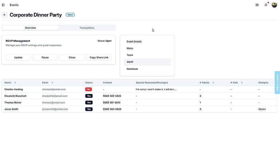 Event management dashboard for a corporate dinner party with RSVP controls and guest list table.