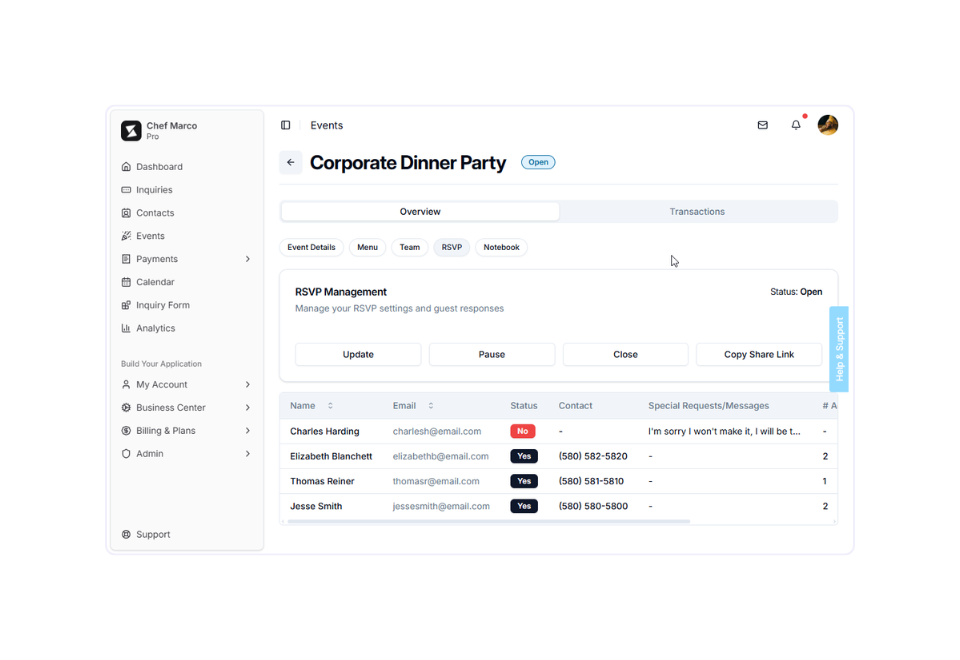 Event management dashboard for a corporate dinner party with RSVP table and status controls