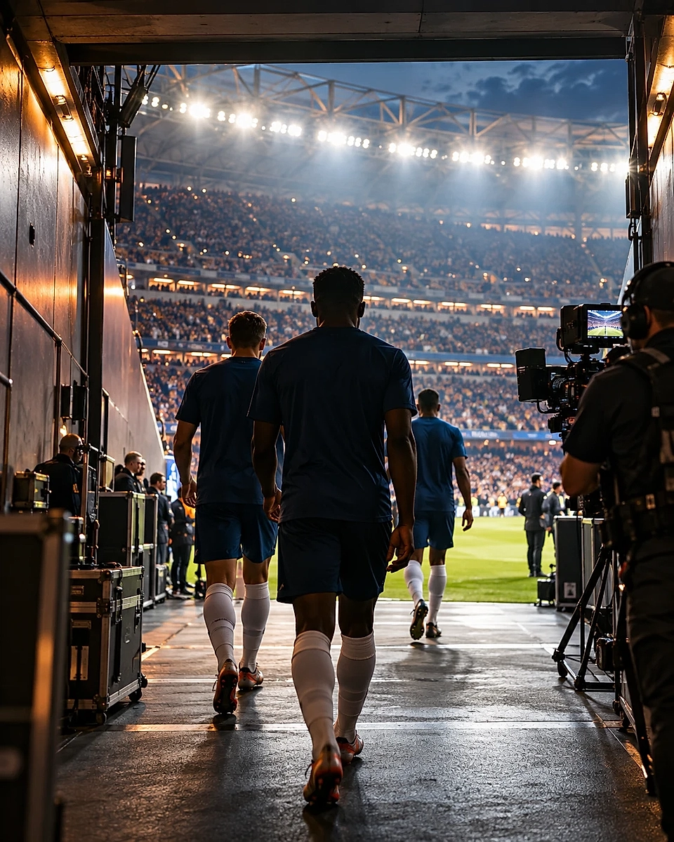 Soccer players walking out of the tunnel onto a lit stadium pitch