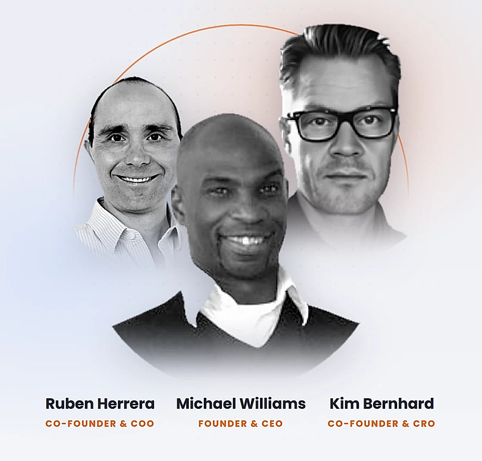 Team profile graphic showing three founders with names and titles.