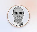 Circular profile photo of a smiling man with an orange border on a soft gradient background