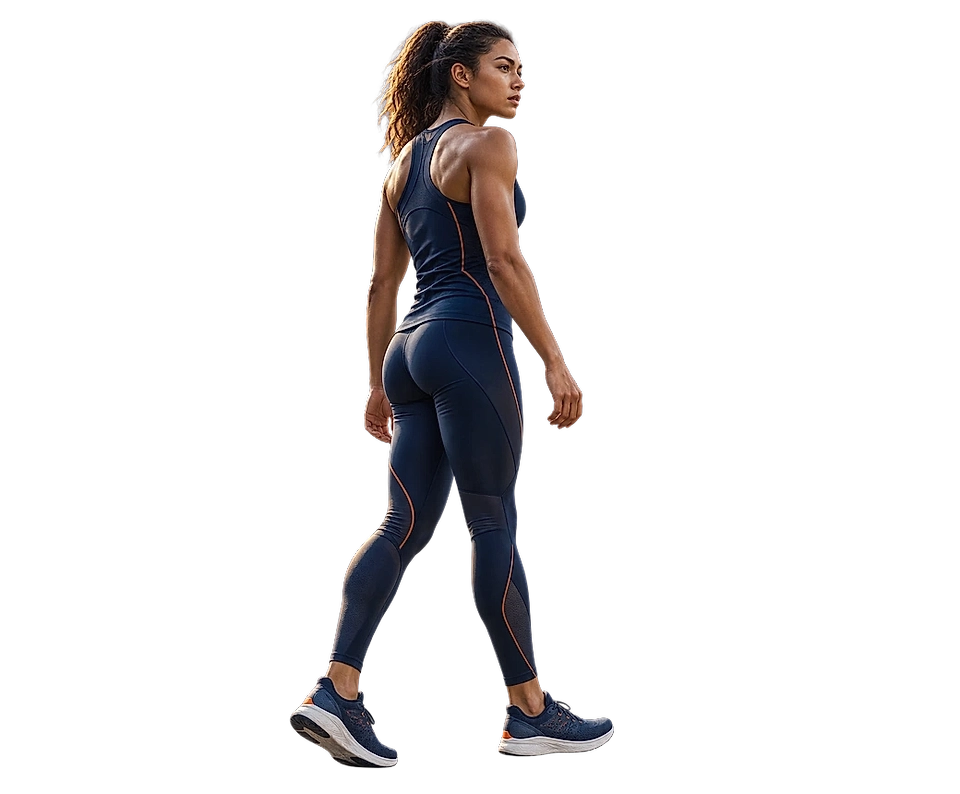 Woman in blue athletic wear walking against a black background