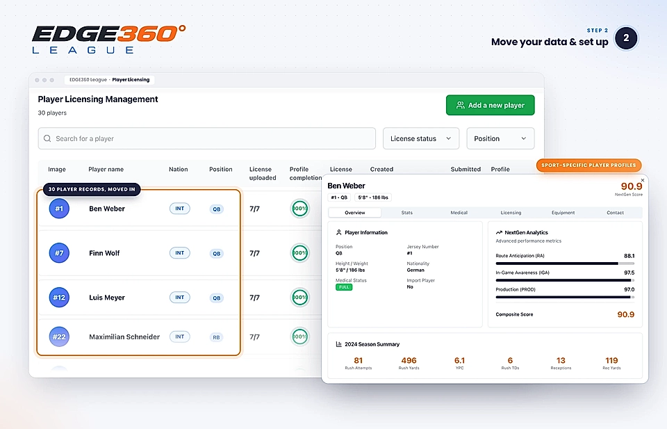 Player licensing management dashboard with player list, search, filters, and detailed profile panel