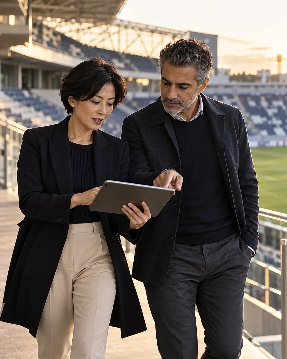 Two professionals reviewing a tablet in a stadium walkway
