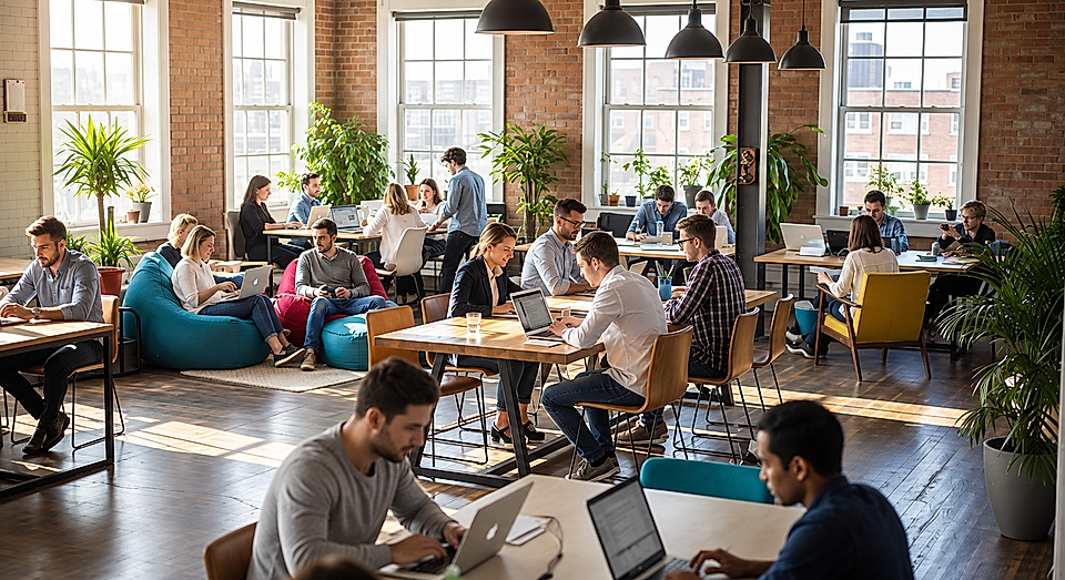 Open-plan coworking office with people working at tables and laptops