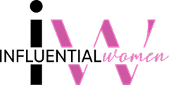 Black background with a pink stylized logo reading "women" and abstract geometric shapes.
