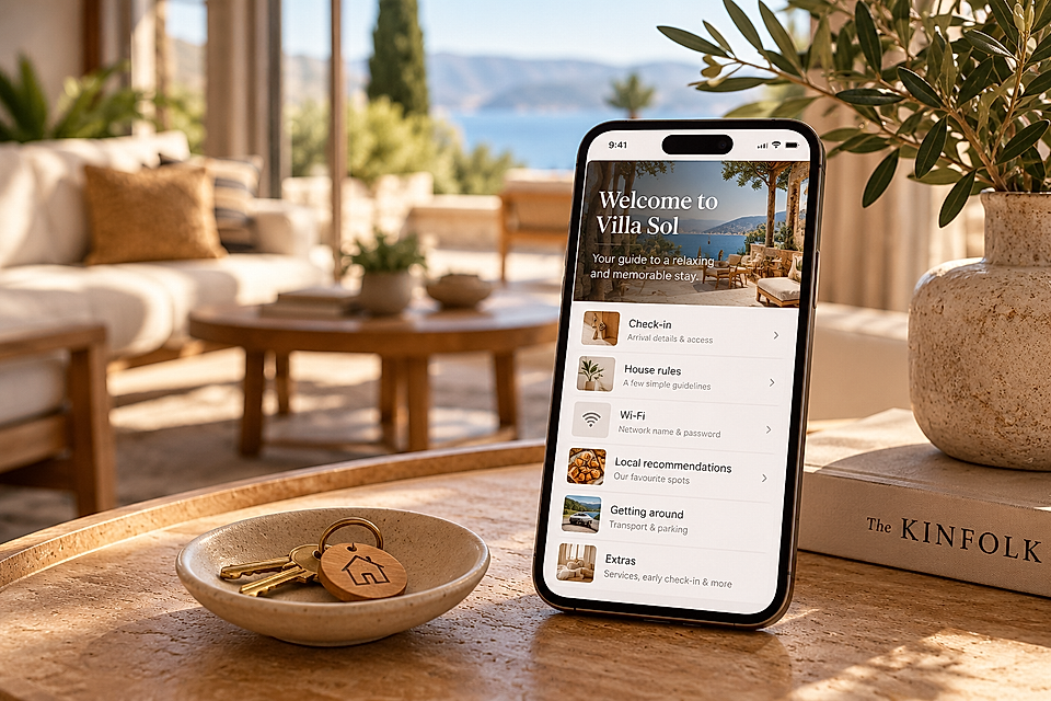 Phone displaying a villa guest guide with check-in, house rules, Wi-Fi, and local recommendations beside keys in a sunlit living room.